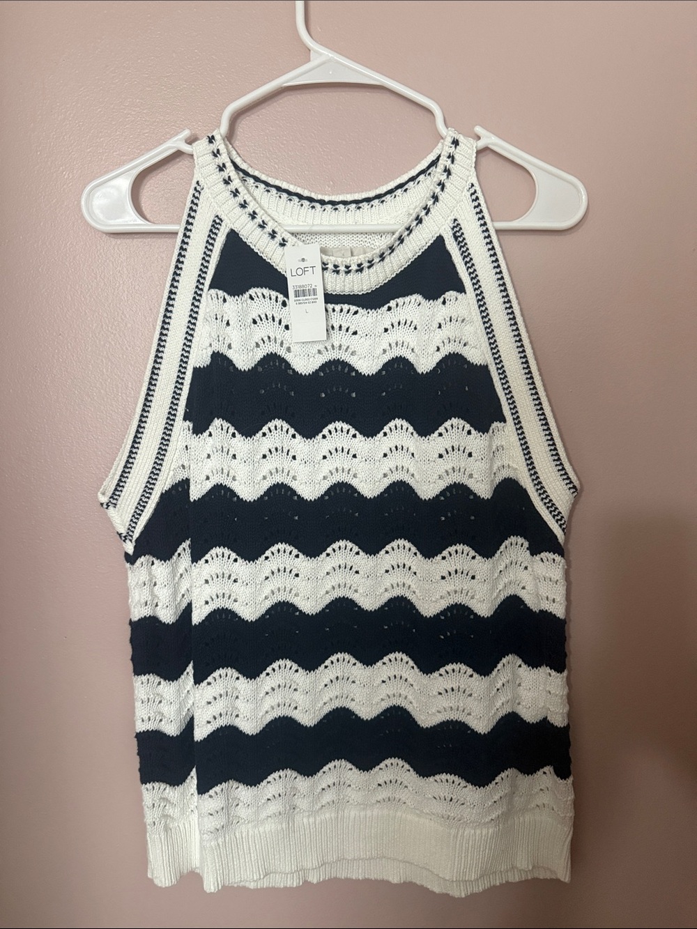 LOFT Navy & White Crochet Stripe Halter Shell